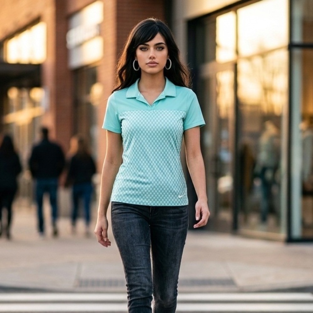Nike Women's Dri-Fit Golf Polo Shirt Aqua Blue Diamond Plaid Sporty Size S